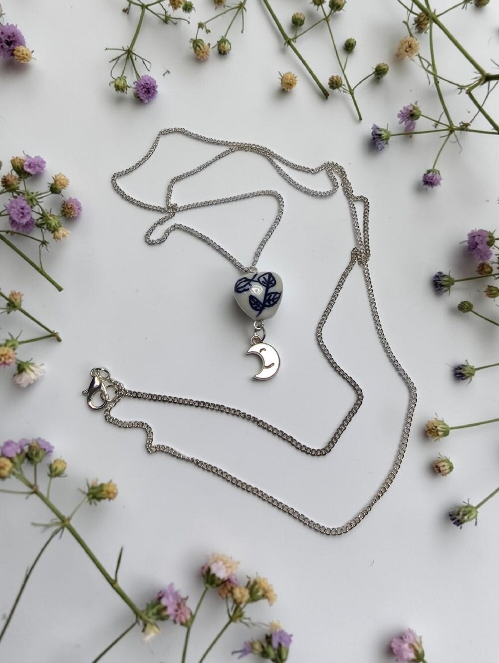 Blue & White Heart Pendant Necklace with Moon Charm - Silver Tone